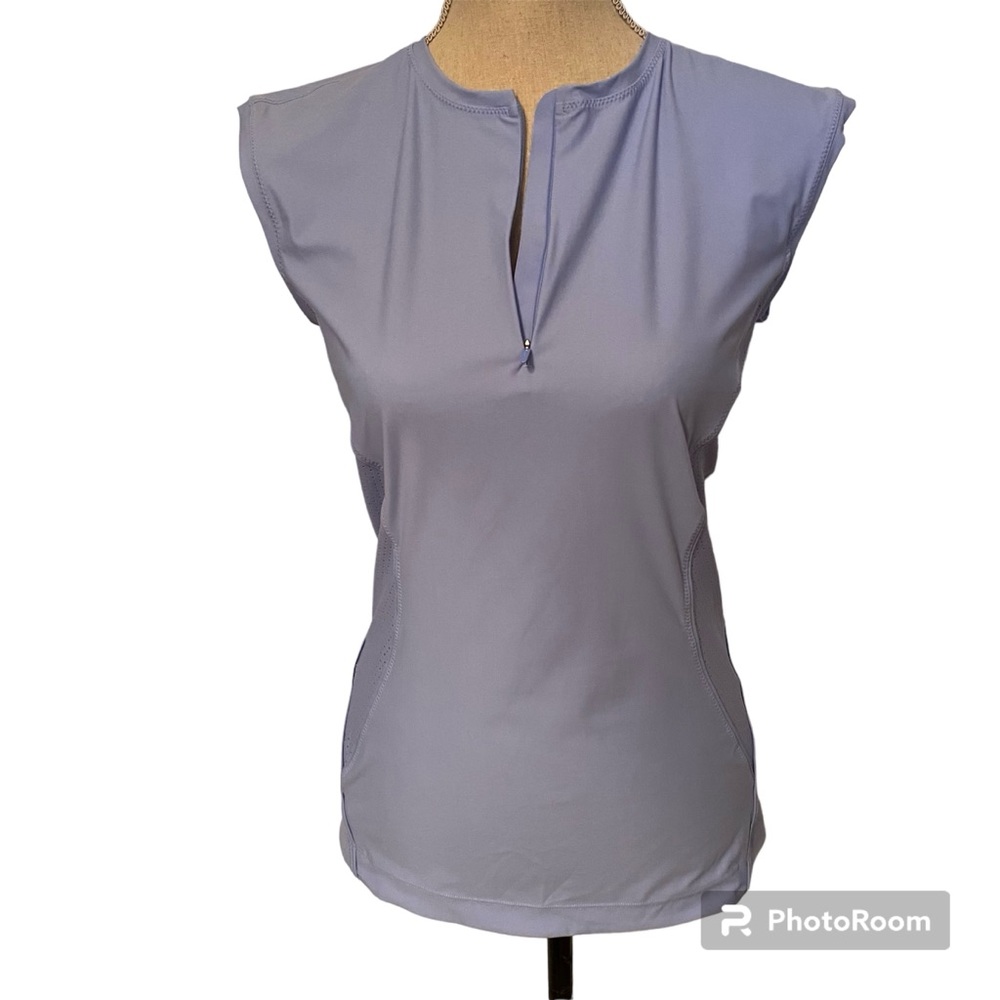 ATHLETA TOP BLUE PURPLE STRETCH SLEEVELESS TANK 1/4 ZIP TEE MESH SIDES SIZE S